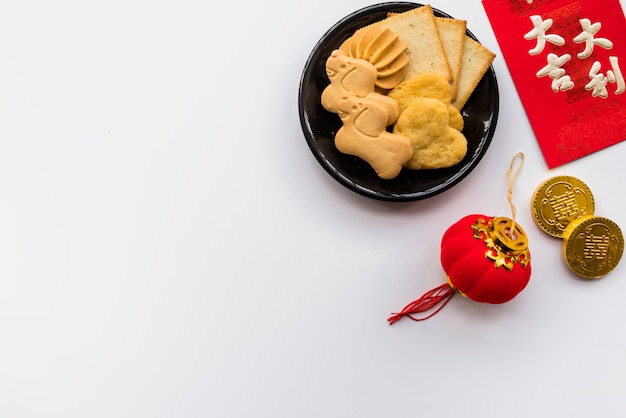 Vue de dessus composition du nouvel an chinois avec fond Photo gratuit