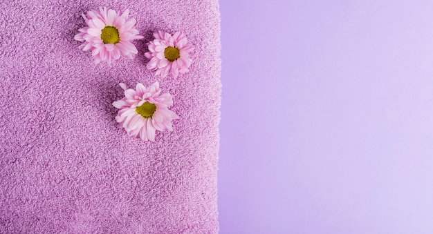 Vue de dessus fleurs violettes et serviette avec espace de copie Photo gratuit