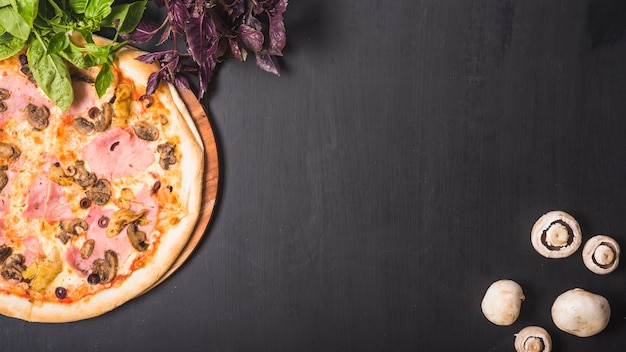 Vue De Dessus De Legume A Feuilles Champignons Et Pizza Sur Fond Sombre Photo Premium