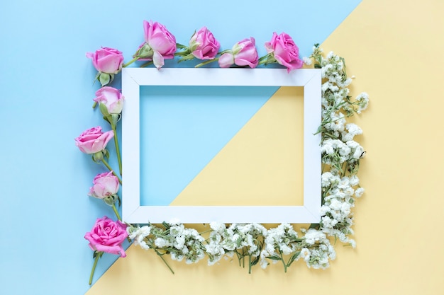 Vue élevée, de, fleurs fraîches, entourer, cadre, sur, double fond coloré Photo gratuit