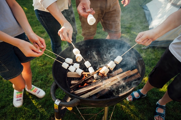 Vue élevée, de, mains, rôtir, guimauve, sur, feu barbecue Photo gratuit
