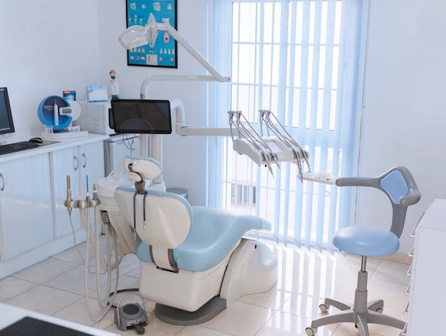 Vue d'un intérieur de clinique dentaire avec équipement dentaire moderne Photo gratuit