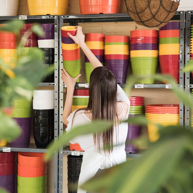 Vue postérieure, de, a, jeune femme, placer, fleurir coloré, usines, dans, étagère Photo gratuit