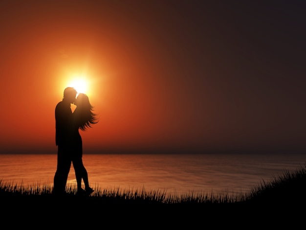 Siluetta 3d di una coppia che bacia contro un paesaggio dell'oceano di  tramonto | Foto Premium