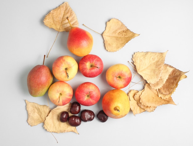 Vista Superiore Di Natura Morta Di Autunno Mele Pere Foglie Cadute Castagne Su Un Tavolo Grigio Foto Premium