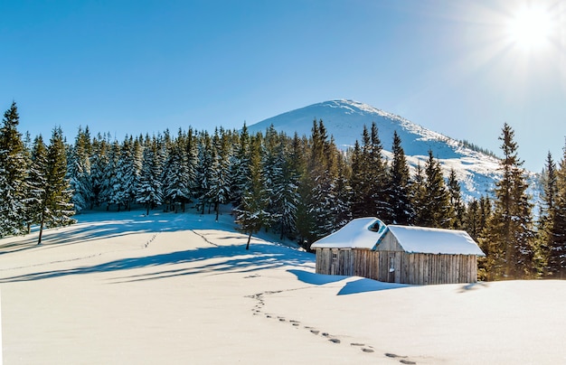 Splendido Paesaggio Invernale In Montagna Con Percorso Neve In Steppa E Casette Foto Premium