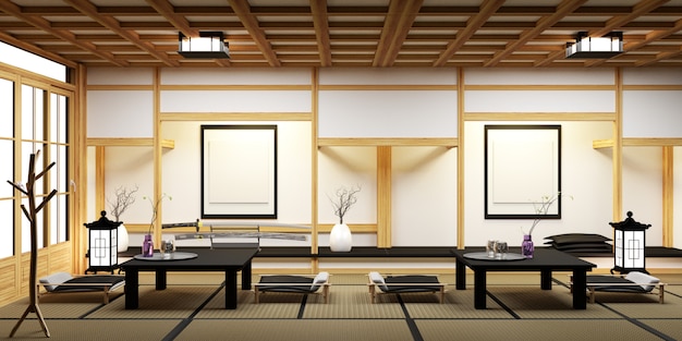 Soggiorno Moderno Con Tavolo Basso Nero Lampada Vaso E Arredamento In Stile Giapponese Foto Premium