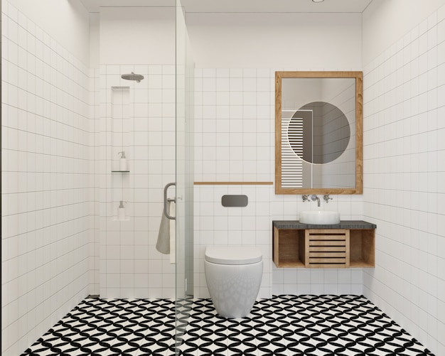 Design Moderno E Semplice Per Il Bagno Piccolo Con Piastrelle Da Parete E Pavimento Decorato Foto Premium