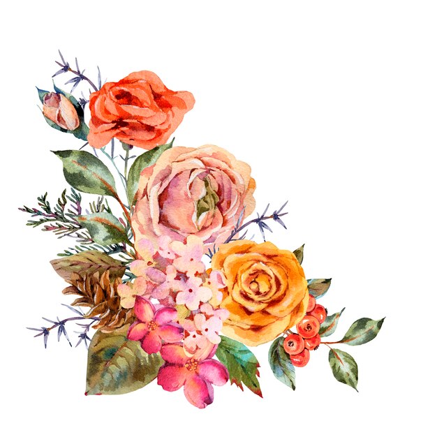 Cartolina D Auguri Dell Acquerello Vintage Con Rose Ortensie Pigne Bacche Rosse E Fiori Di Campo Foto Premium