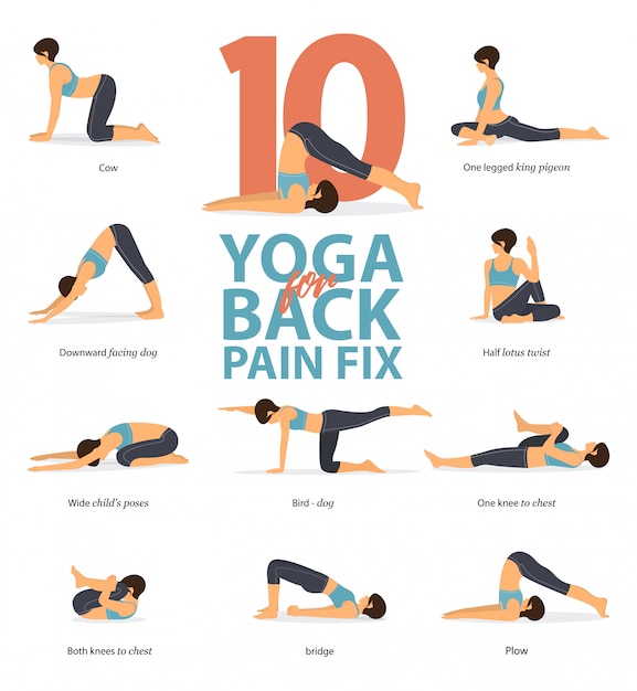 10 Posizioni Yoga Per Alleviare Il Mal Di Schiena Vettore Premium