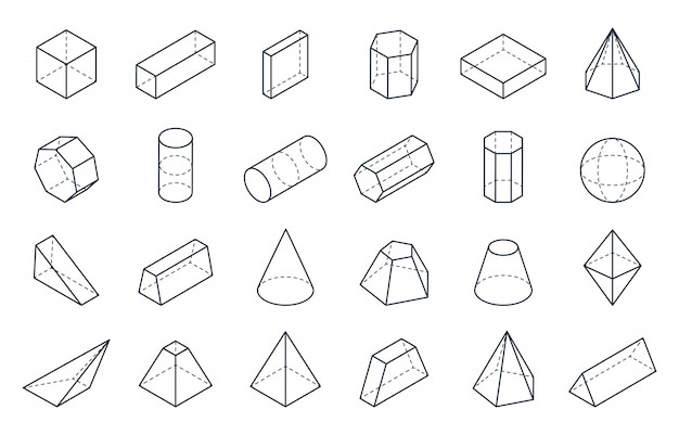 Forme Geometriche 3d Forme Lineari Isometriche Oggetti A Poligono Basso A Forma Di Piramide Del Cilindro Del Cono Cubico Minimo Isometrico Vettore Premium