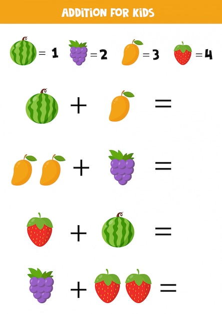 Aggiunta Con Diversi Frutti Di Cartone Animato Gioco Di Matematica Educativo Per Bambini Algebra Di Base Foglio Di Lavoro Stampabile Per Imparare A Contare Risolvi Le Equazioni E Scrivi La Risposta