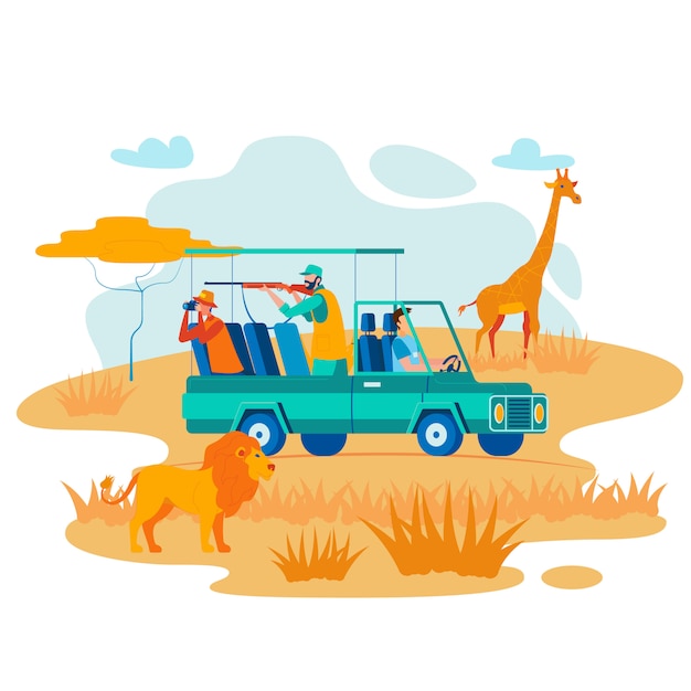 African Safari Hunting Flat Vector Illustration Vettore Premium