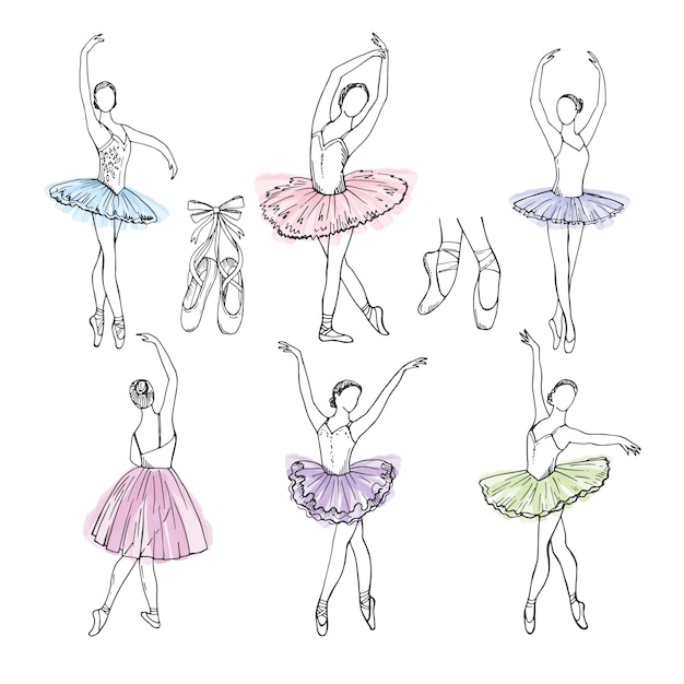 Set Di Immagini Disegnate A Mano Artistica Del Tema Del Teatro Ballerine Che Ballano Vettore Premium