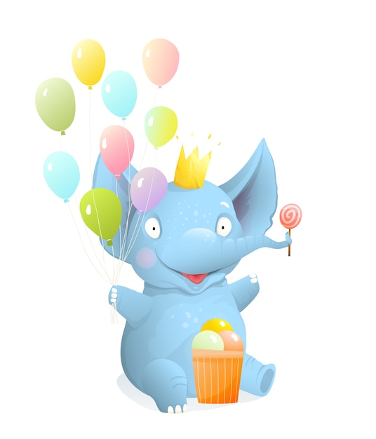 Elefante Del Bambino Che Si Siede E Che Sorride Con Palloncini E Gelato Bambini Isolati Clipart