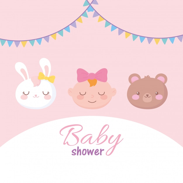 Baby Shower Card Adorabili Facce Bambina Coniglio E Orso Benvenuto Biglietto Di Auguri Neonato Vettore Premium