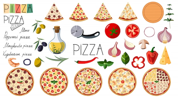 Pizza Grande Set Ingredienti Tradizionali Differenti Pizza Logo Pizza Intera Italiana Con Fette Margarita Frutti Di Mare Vegetariani Peperoni Vettore Premium