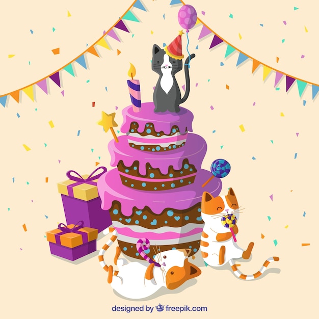 Torta Di Compleanno Con I Gatti Vettore Premium