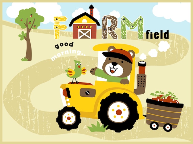 Cartone Animato Del Campo Di Fattoria Con Trattore Giallo Con Agricoltore Divertente Vettore Premium