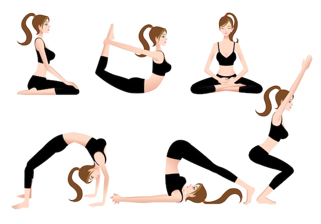 Cartoon Female Yoga Trainer Permette Di Giocare A Yoga Da Solo Vettore Premium