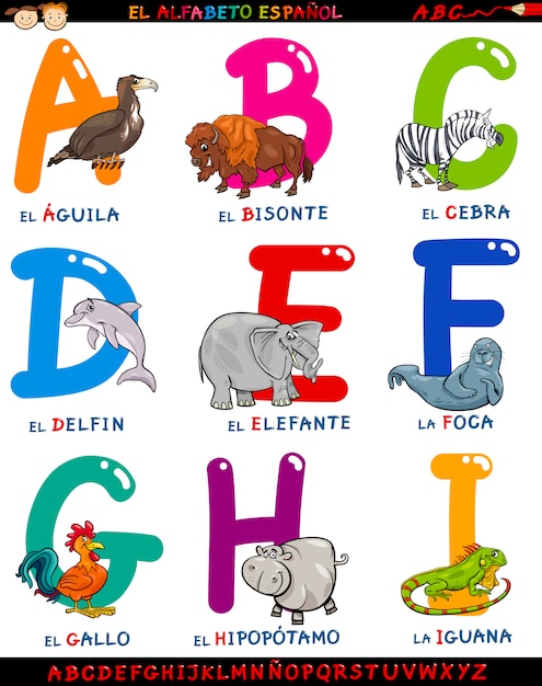 Alfabeto Spagnolo Di Cartone Animato Con Animali Vettore Premium