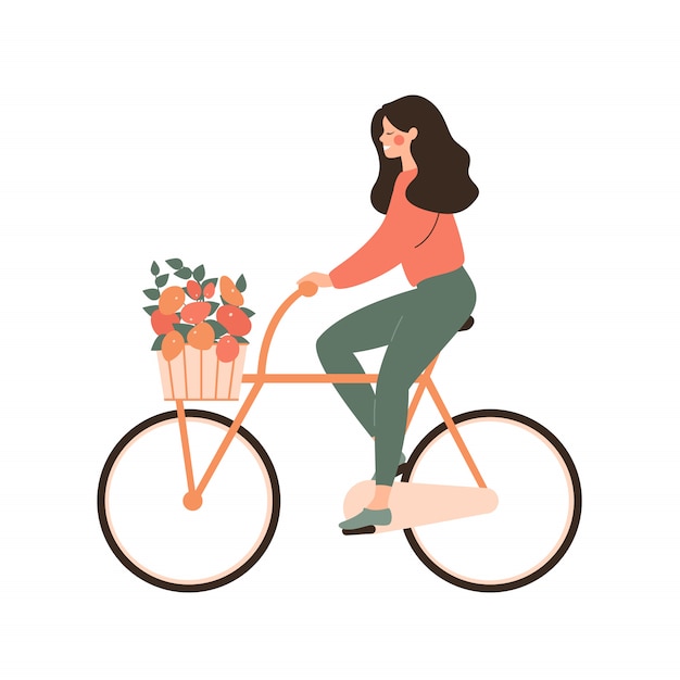 La Giovane Donna Del Fumetto Guida La Bicicletta Con La Merce Nel Carrello Del Mazzo Concetto Di Amore In Bicicletta Vettore Premium