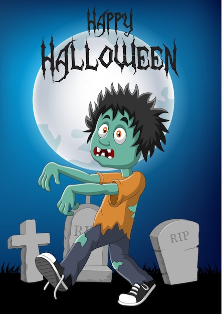 Zombie Di Cartone Animato Con Sfondo Di Halloween Vettore Premium
