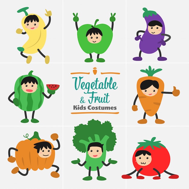 Set Di Costumi Di Frutta E Verdura Per Bambini Vettore Premium