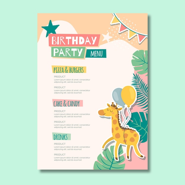 Menu Compleanno Bambini Vettore Premium