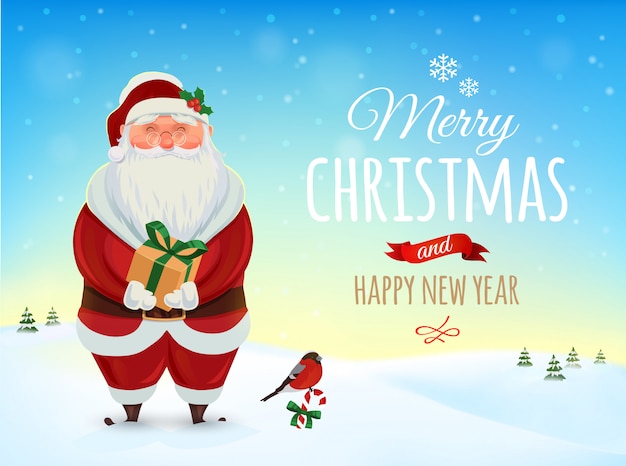 Biglietto Di Auguri Di Natale Poster Babbo Natale Divertente Paesaggio Invernale Buon Natale E Felice Anno Nuovo Vettore Premium
