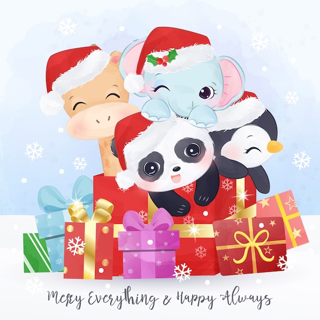 Biglietto Di Auguri Di Natale Con Simpatici Animali Selvatici Che Giocano Insieme Illustrazione Di Sfondo Natale Vettore Premium
