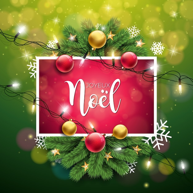 Illustrazione Di Natale Con Francese Joyeux Noel Tipografia Su Sfondo Verde Lucido Vettore Premium
