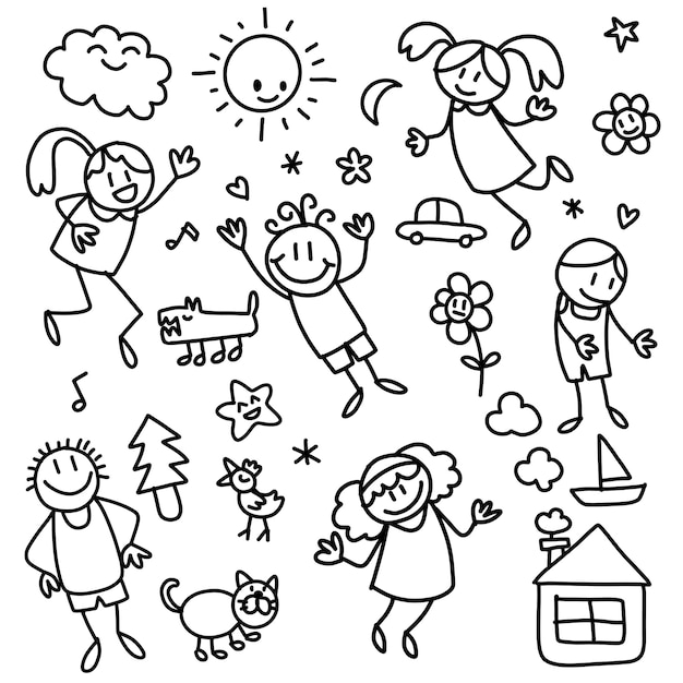 Raccolta Di Disegni Di Bambini Carini Di Bambini Animali Natura Oggetti Stile Doodle Vettore Premium