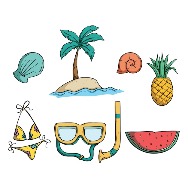 Collezione Di Disegni Estivi Con Ananas Anguria E Bikini Vettore Premium