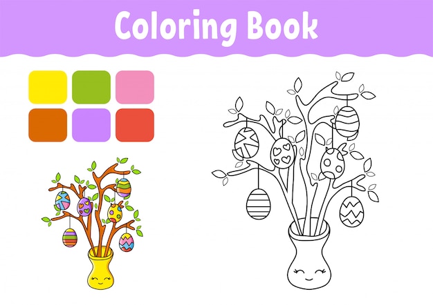 Libro Da Colorare Per Bambini Carattere Allegro Albero Di Uova Di Pasqua Stile Cartone Animato Carino Vettore Premium