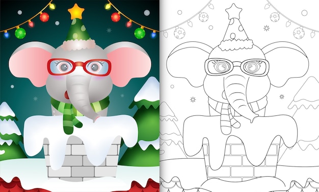 Libro Da Colorare Per Bambini Con Un Simpatico Elefante Con Cappello E Sciarpa Nel Camino Vettore Premium