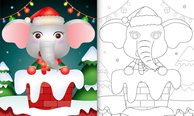 Disegni Da Colorare Per Bambini Con Un Simpatico Elefante Usando Cappello Da Babbo Natale E Sciarpa Nel Camino Vettore Premium