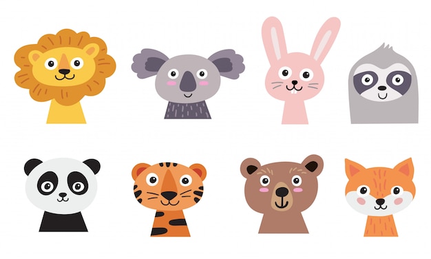 Set Di Facce Di Animali Carini Personaggi Disegnati A Mano Vettore Premium