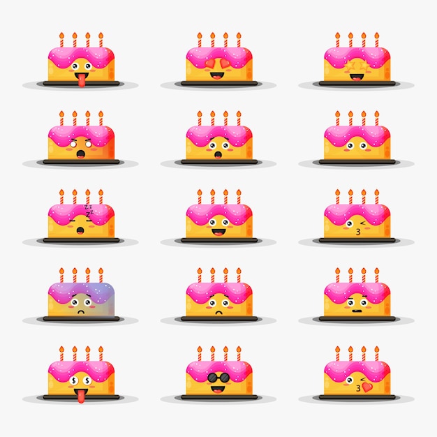 Torta Di Compleanno Carino Con Set Di Emoticon Vettore Premium