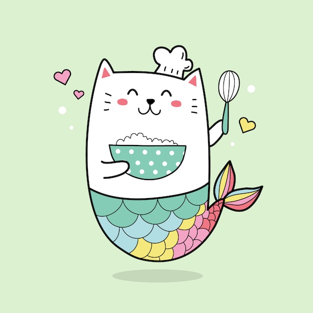 Cuoco Unico Sveglio Della Sirena Del Gatto Che Cucina Il Fumetto Di Kawaii Del Dolce Disegnato A Mano Vettore Premium