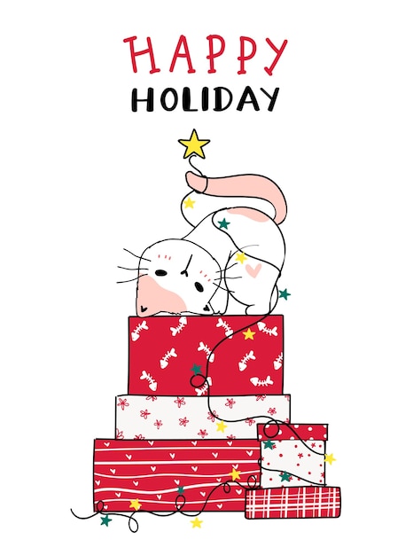 Simpatico Gatto Sulla Pila Di Natale Rosso Presente Casella Doodle Fumetto Clipart Happy Holiday Biglietto Di Auguri Vettore Premium
