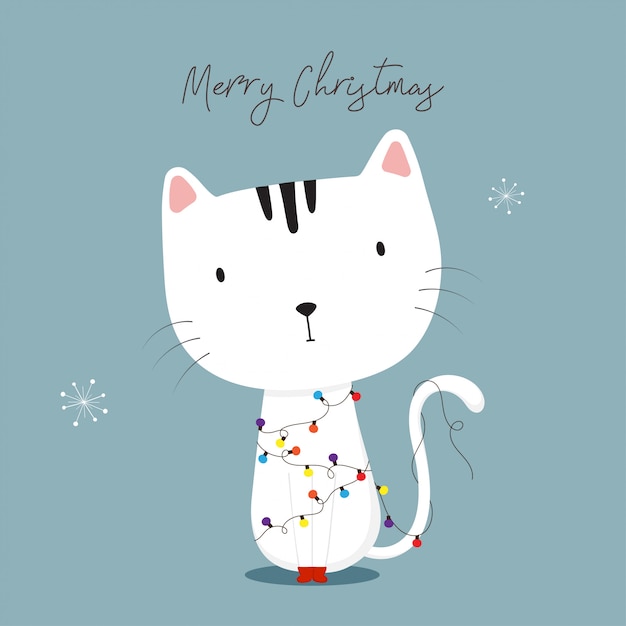 Gatto Carino Con Luci Di Natale Auguri Di Buone Feste Vettore Premium