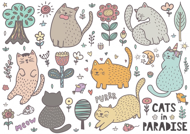 Gatti Svegli Disegnati A Mano Di Doodle Collezione Di Gattini Divertenti Vettore Premium