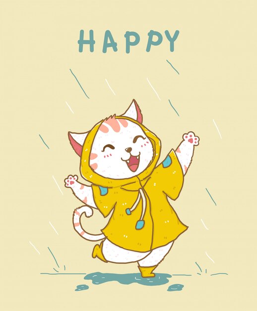 Gatto Bianco Felice Sveglio In Cappotto Di Pioggia Giallo Che Salta Sotto La Pioggia Idea Per La Cartolina D Auguri Stampa Della Roba Dei Bambini Illustrazione Della Scuola Materna Del Bambino Piana