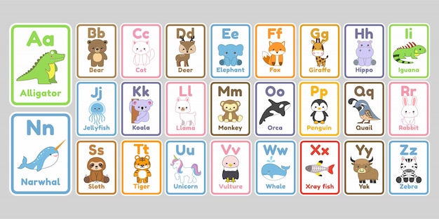 Simpatici Animali Kawaii Lettere Dell Alfabeto Per Bambini Vettore Premium