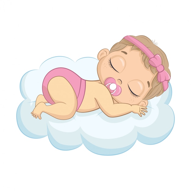 Ragazza Neonata Sveglia Che Dorme Su Una Nuvola Illustrazione Per Baby Shower Biglietto Di Auguri Invito A Una Festa Stampa Di T Shirt Vestiti Di Moda Vettore Premium