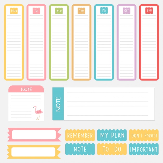 Simpatiche Note Di Carta In Set Di Colori Dolci Adesivi Planner Stampabili Modello Per Il Tuo Messaggio Elemento Decorativo Di Pianificazione Vettore Premium