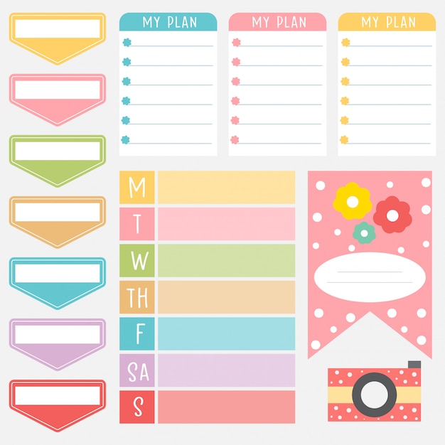 Simpatiche Note Di Carta In Set Di Colori Dolci Adesivi Planner Stampabili Modello Per Il Tuo Messaggio Elemento Decorativo Di Pianificazione Vettore Premium