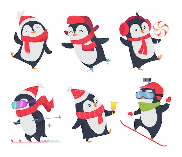 Pinguini Carini Posa Selvaggia Dolce Degli Animali Della Neve Di Inverno Del Bambino Dei Personaggi Dei Cartoni Animati Isolata Vettore Premium