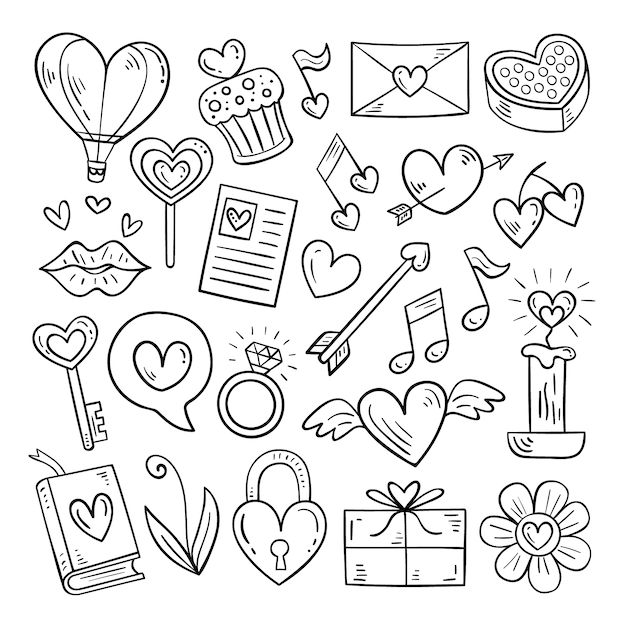 Doodle insieme di elementi di san valentino Vettore Premium